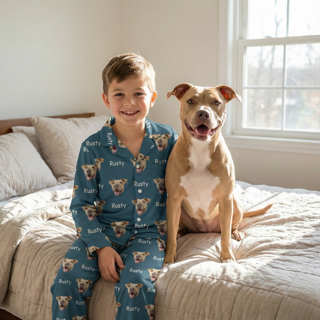 Long sleeve personalised kids pyjamas with all-over pet photo print, breathable fabric, and matching pants.