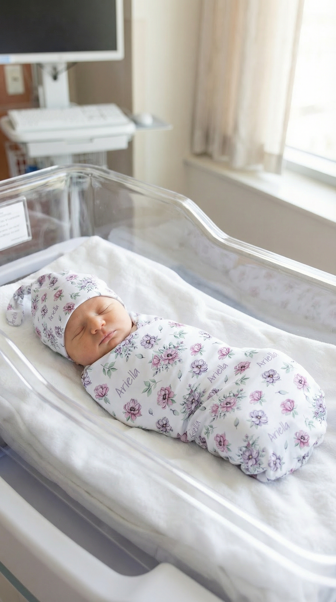 Personalised baby swaddle and beanie set made from soft stretch poly fabric for cozy newborn comfort