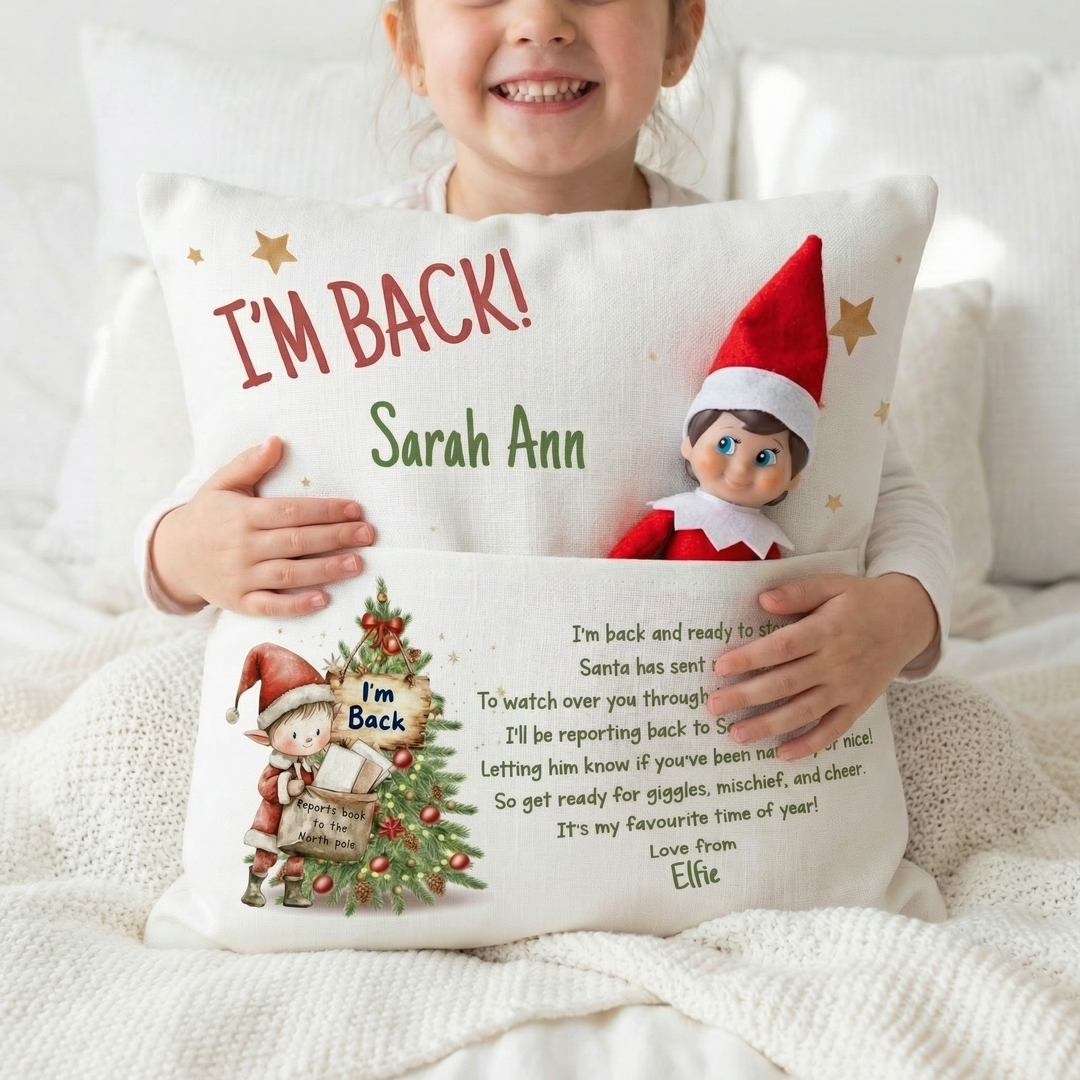 Personalized “I'm Back” Christmas Pillow with elf pocket and cozy linen fabric for festive holiday decor