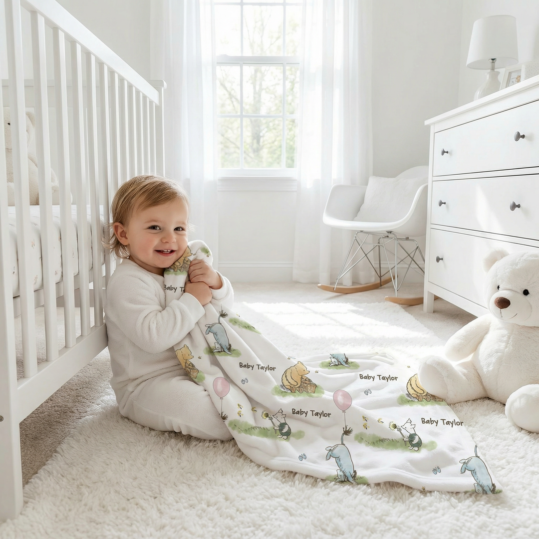 Soft personalised baby blanket with custom edge-to-edge print and plain white reverse side, ideal for babies and gifts