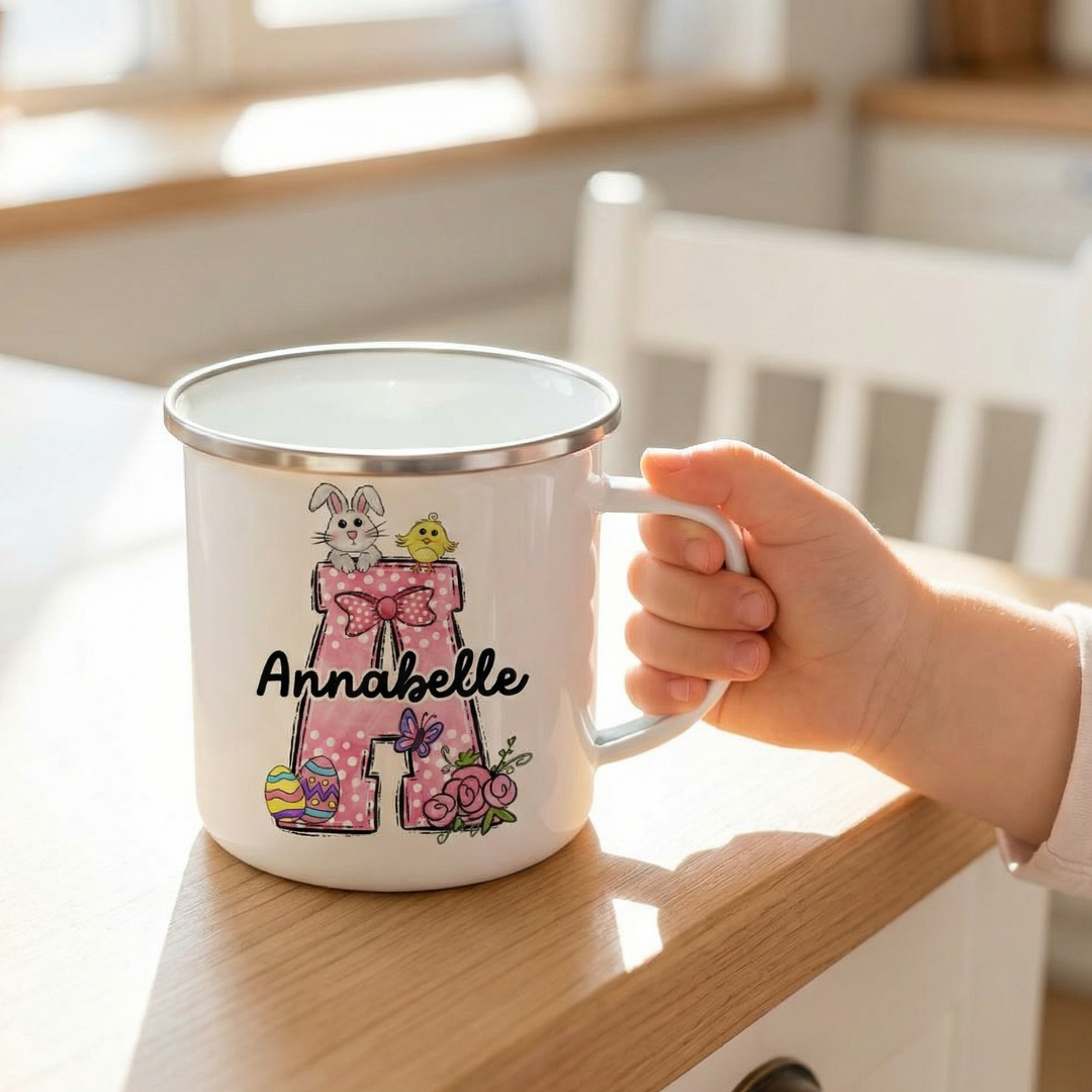 Easter Bow Initial Enamel Mug with bow design and personalized initial for kids Easter gifts