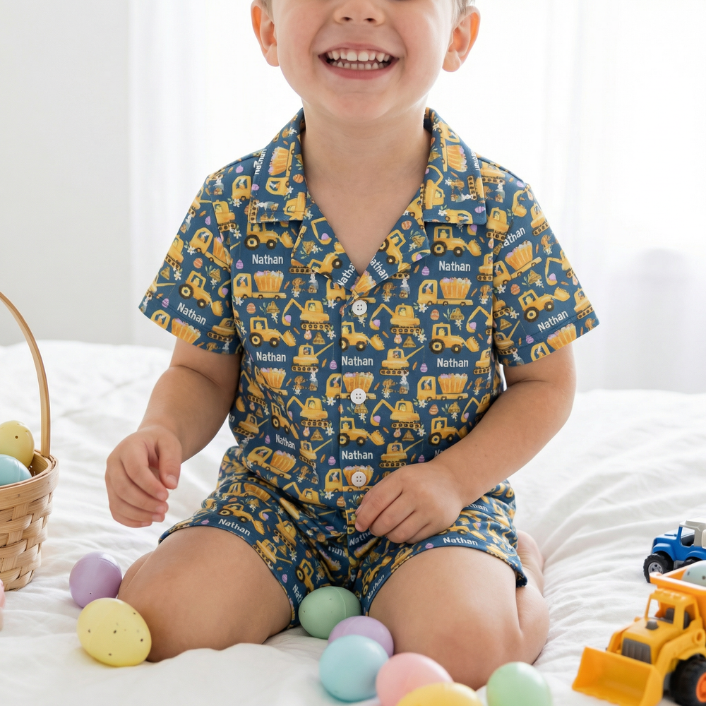 Personalised short sleeve kids Easter pyjamas with name and festive prints