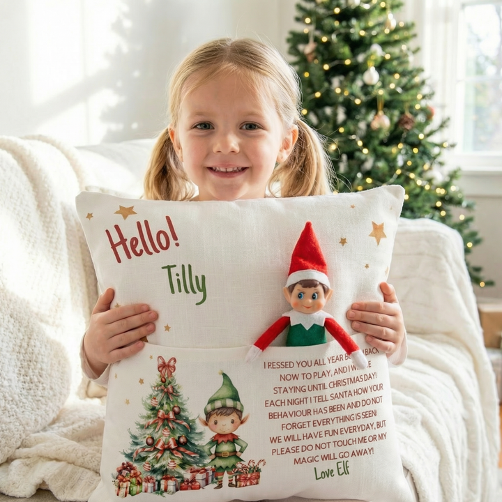 Personalised Elf Christmas Cushion with front pocket in rustic linen design
