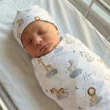 Personalised swaddle and beanie set made of soft stretch poly fabric for newborns, cozy and customizable baby blanket and hat combo