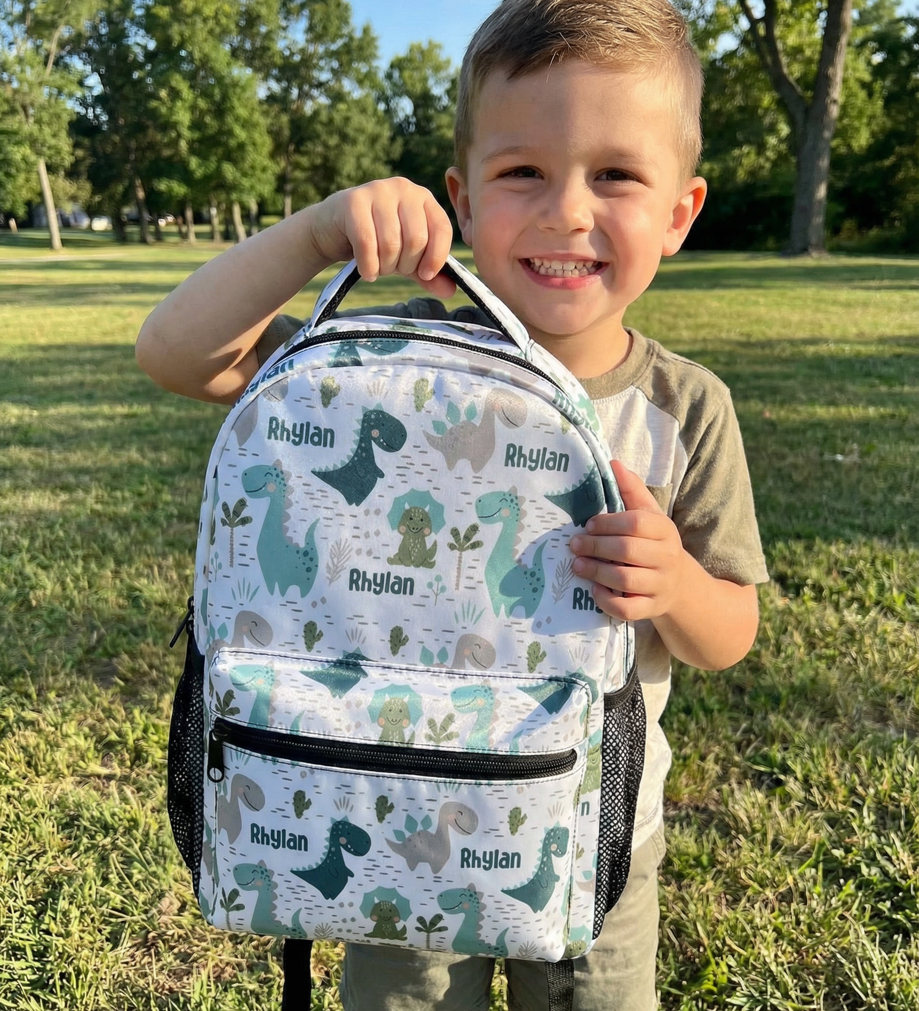 Colorful personalised kids backpack with name tag, side pockets, and anti-slip buckle for school and outings