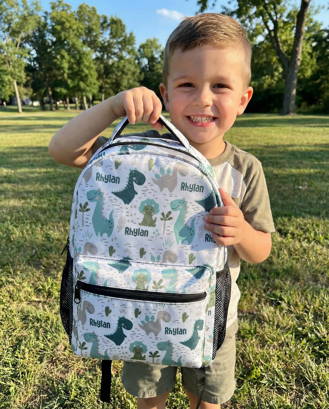 Colorful personalised kids backpack with name tag, side pockets, and anti-slip buckle for school and outings