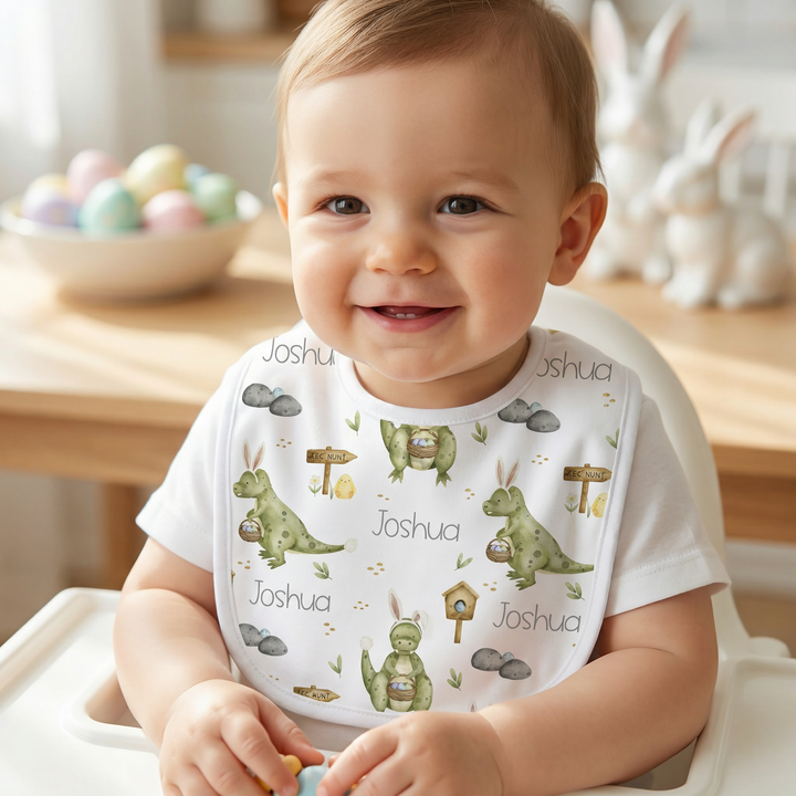 Personalised Easter baby bib with velcro closure and soft cotton backing for babies