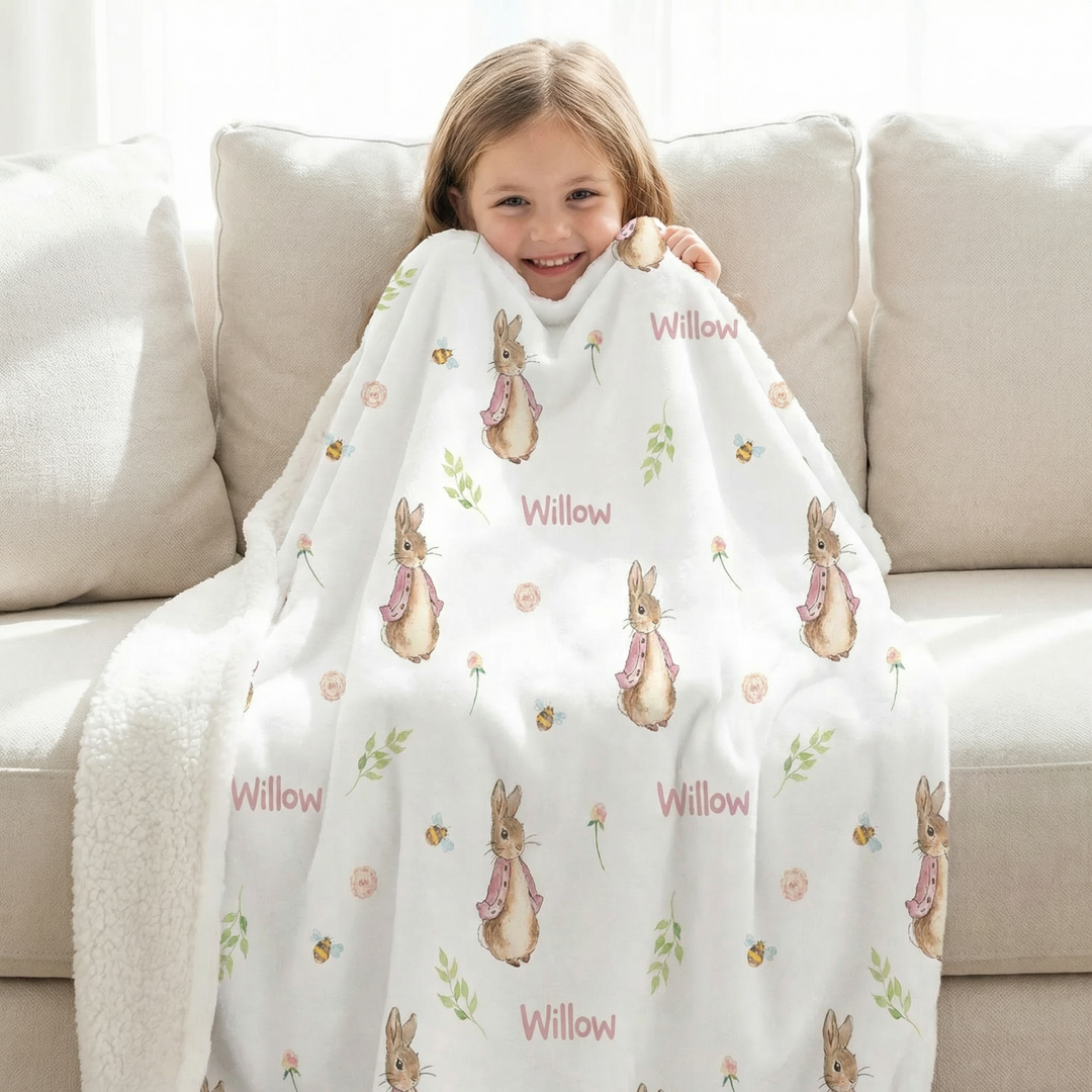 Personalised kids luxe sherpa blanket with plush velvet front and soft sherpa fleece backing