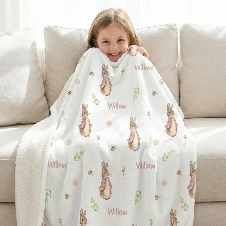 Personalised kids luxe sherpa blanket with plush velvet front and soft sherpa fleece backing