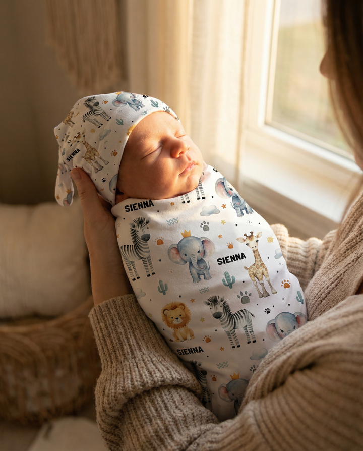 Personalised baby swaddle blanket and beanie set made from soft stretch poly fabric for comfort and style