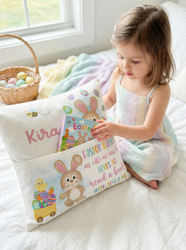 Personalised pink Easter pocket book cushion with bunny design and name pocket for kids' books
