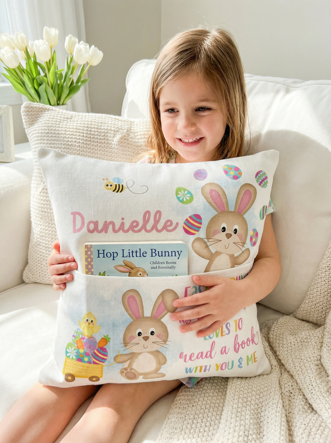 Personalised pink Easter pocket book cushion with bunny design and name pocket for children