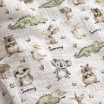 Personalised muslin swaddle wrap with baby name, soft breathable fabric, 120x120cm size for newborns