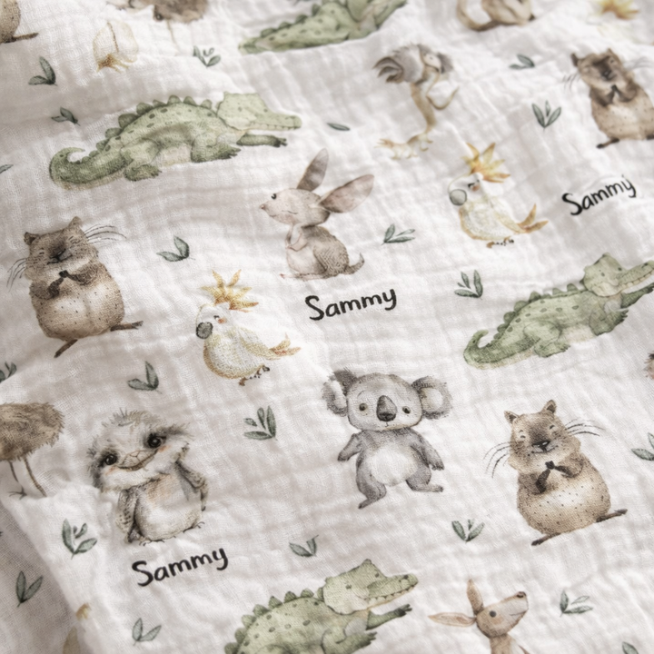 Personalised muslin swaddle wrap with baby name, soft breathable fabric, 120x120cm size for newborns