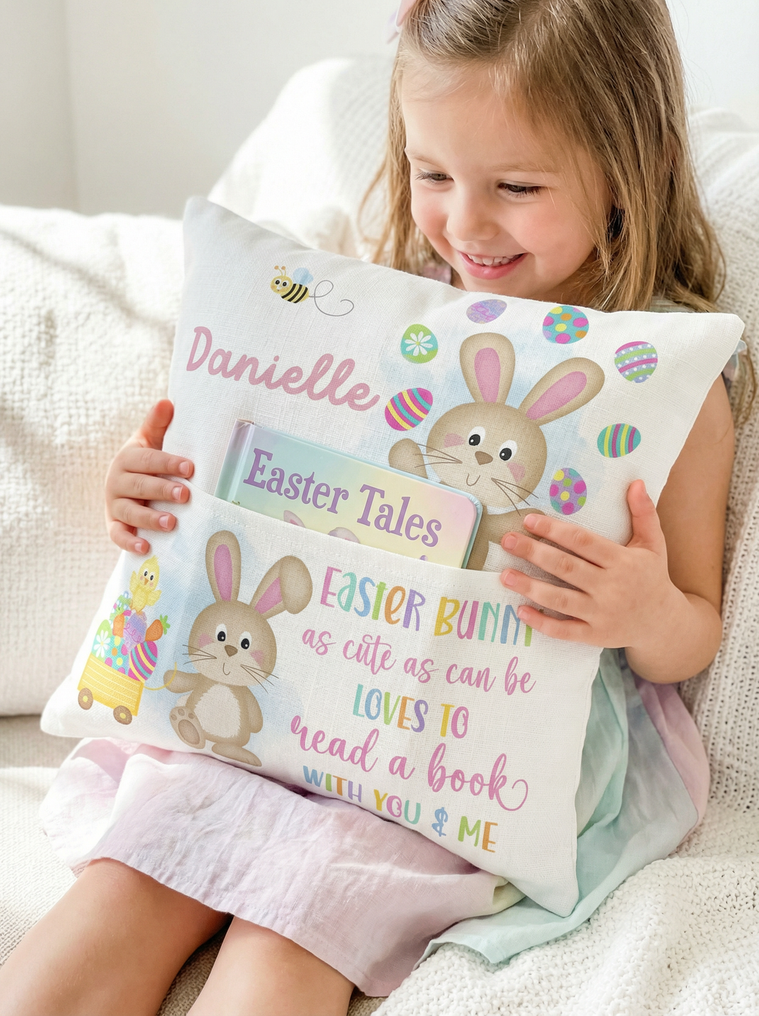 Personalised pink Easter pocket book cushion with bunny design and name, 16-inch soft linen fabric with built-in book pocket