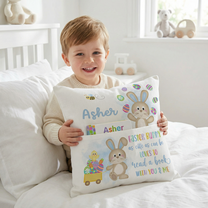 Personalised Easter Pocket Book Cushion in blue with bunny design and built-in book pocket