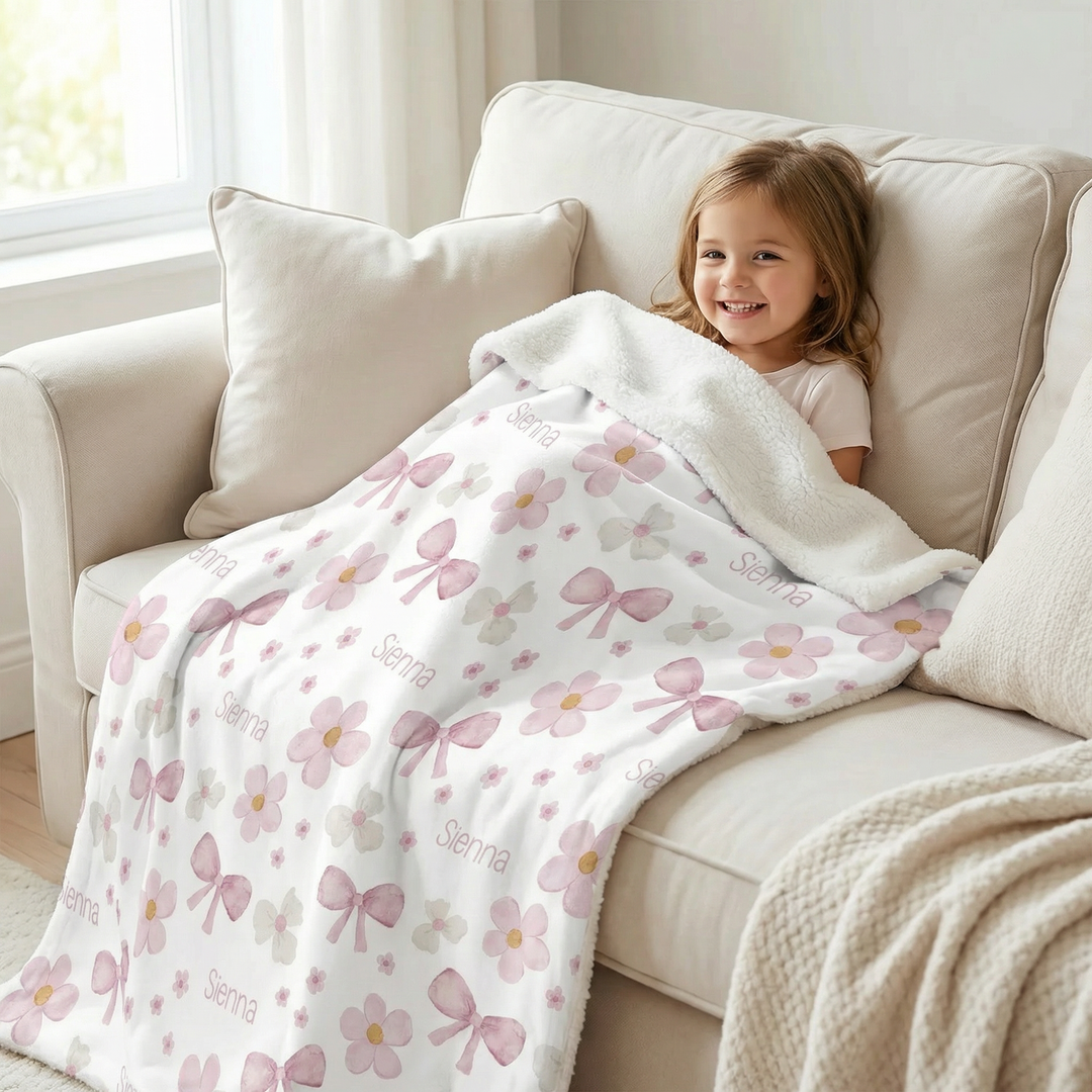 Personalised kids luxe sherpa blanket with plush velvet front and soft sherpa fleece backing