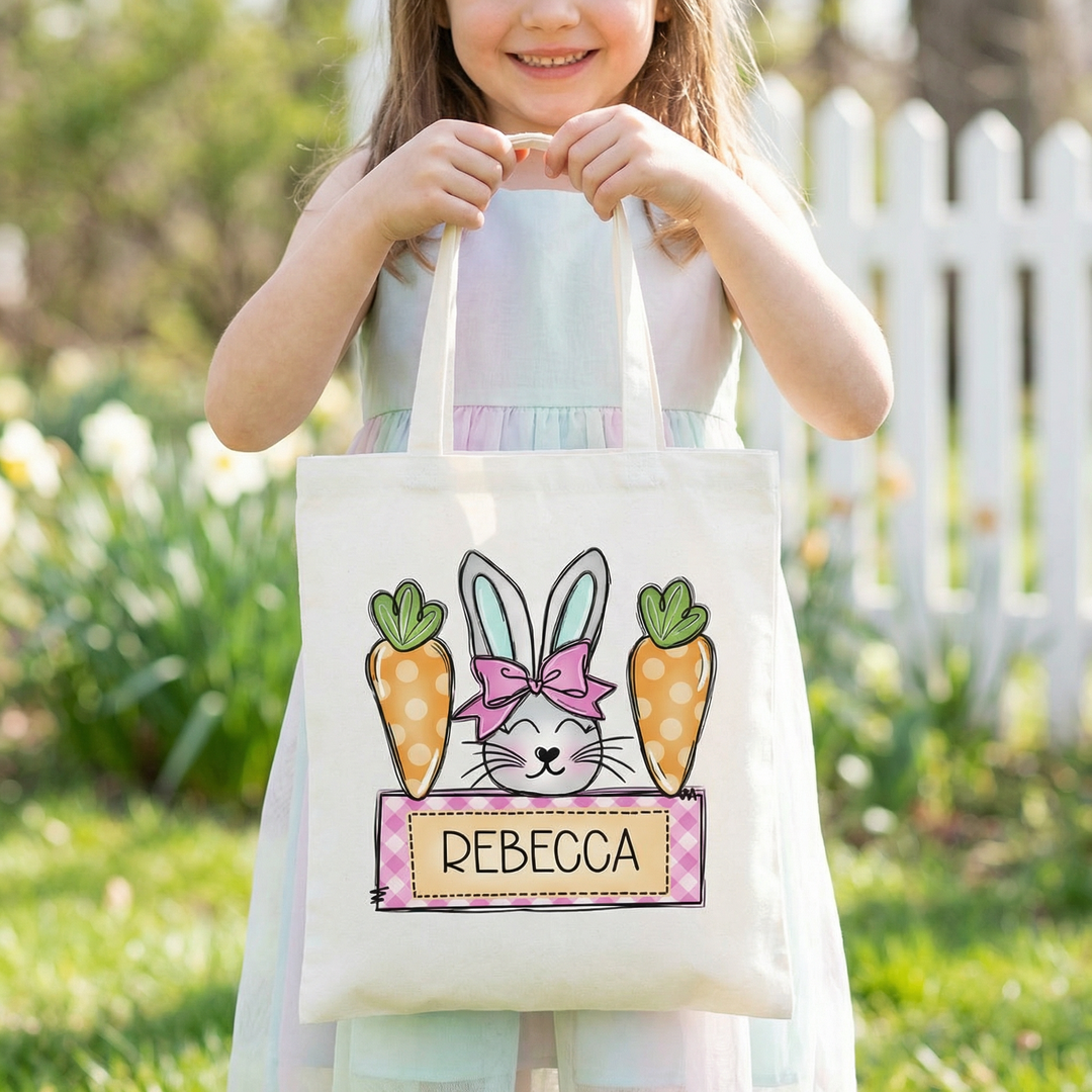 Personalised Easter tote bag with name and festive design for egg hunts and gifts
