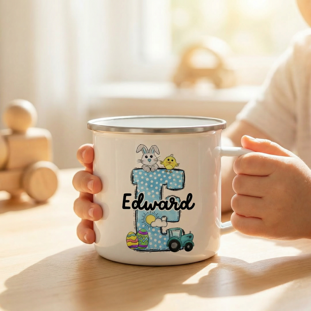 Personalised Easter Cars Initial Enamel Mug with playful car design and 350ml capacity