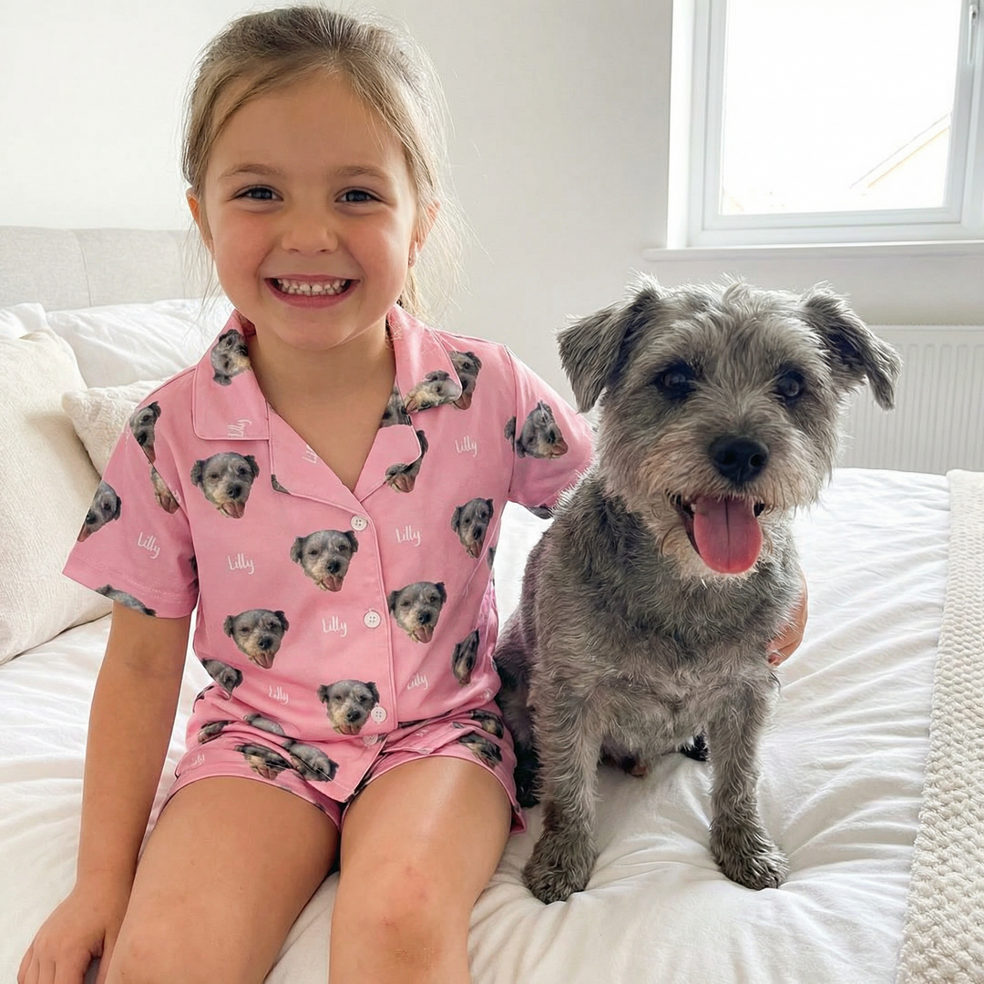 Personalised kids pet photo pyjamas with short sleeves and matching shorts featuring cute pet-themed prints