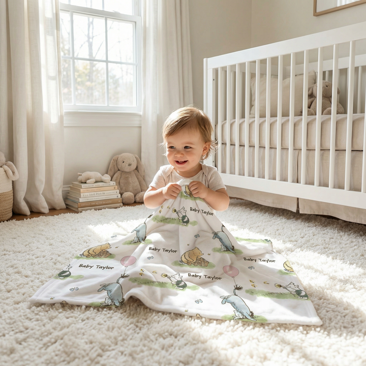 Soft personalised baby blanket with customised edge-to-edge design and plain white reverse side for ultimate comfort and warmth