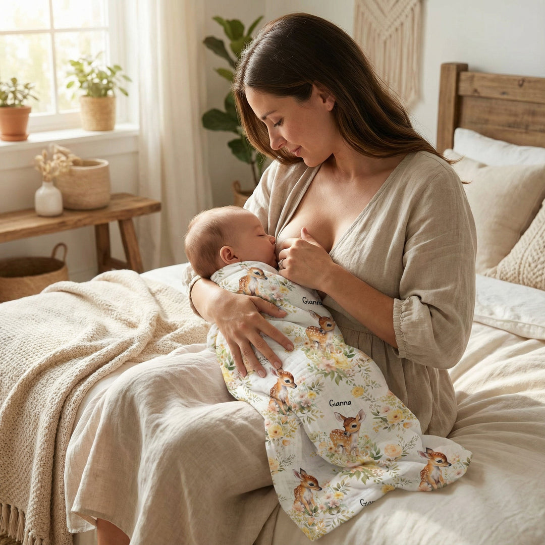 Personalised muslin swaddle wrap with baby name, soft breathable fabric, 120x120cm size for newborns