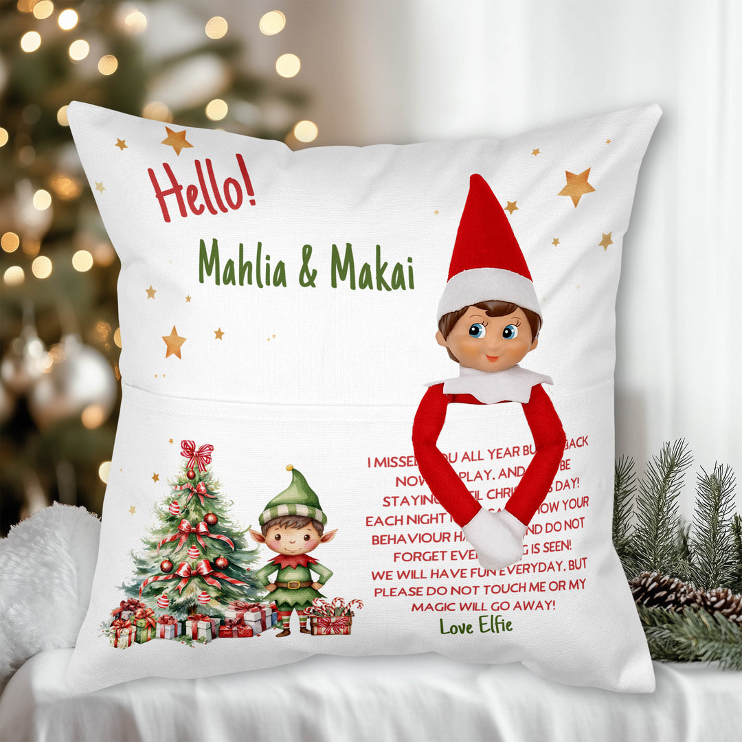 Personalised Elf on the Shelf Christmas cushion with pocket for Elf and book