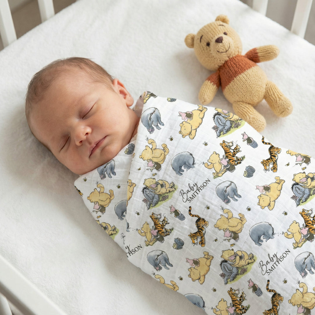 Custom muslin swaddle wrap personalized with baby name, soft breathable fabric for newborns, size 120x120cm