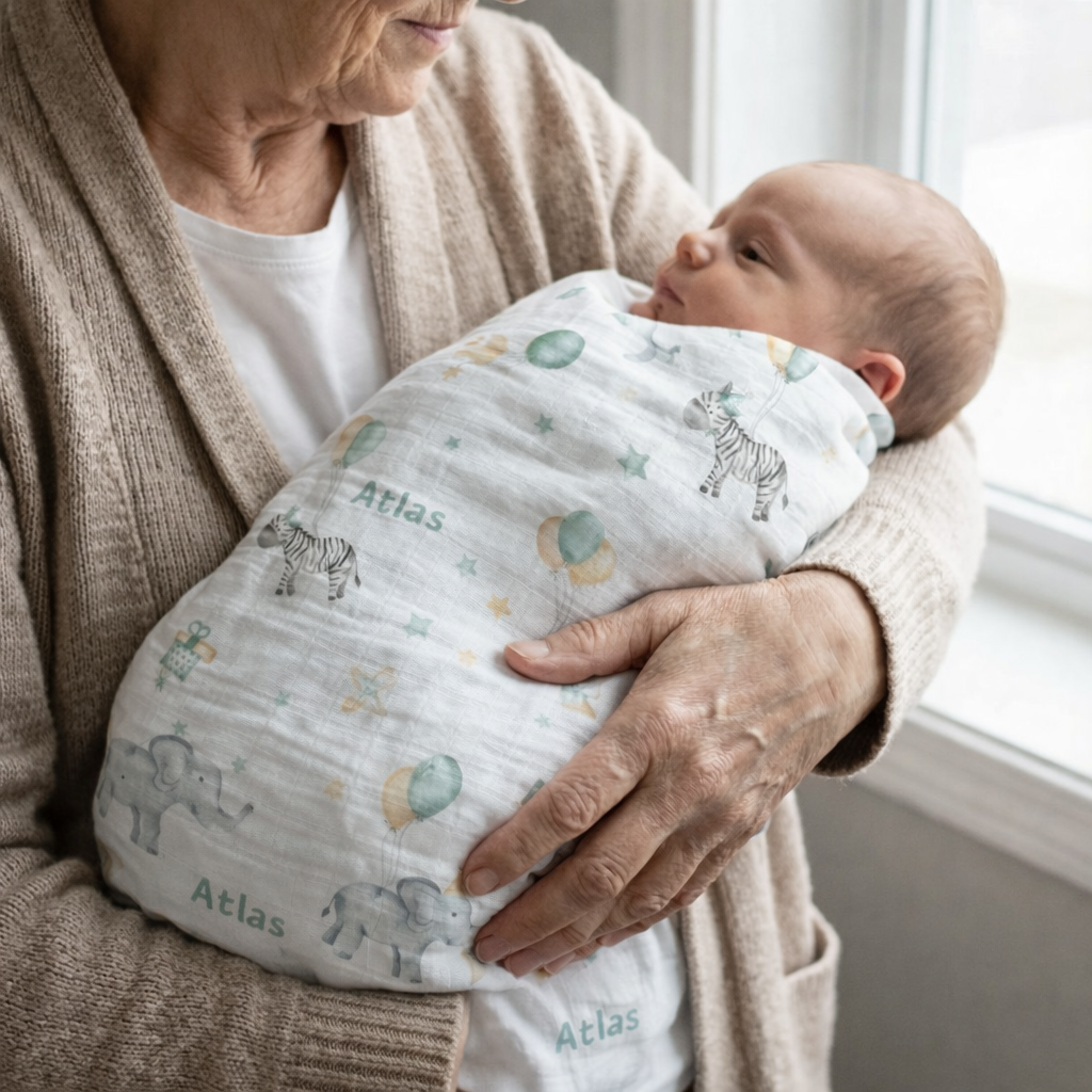 Personalised muslin swaddle wrap with baby’s name, soft breathable fabric, 120x120cm size for newborns and babies