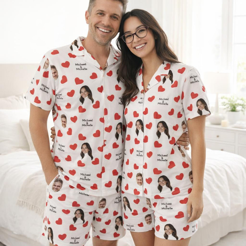 Couple wearing personalised face and name Valentine’s pyjamas