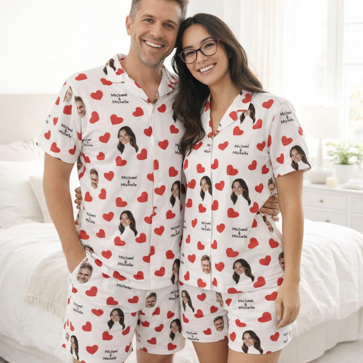 Couple wearing personalised face and name Valentine’s pyjamas