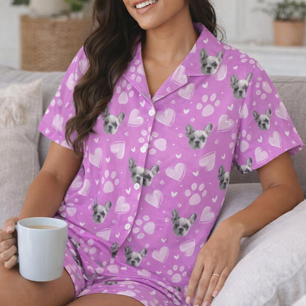 Women’s personalised pet pyjama shorts with elastic waist and custom dog print