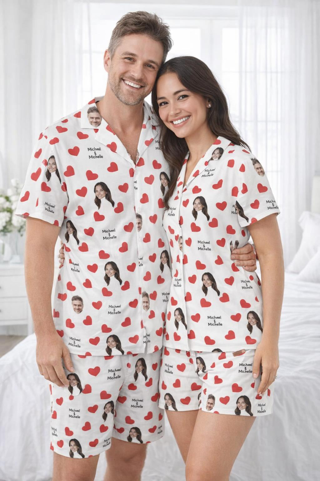 Personalised face and name print detail on Valentine’s pyjamas