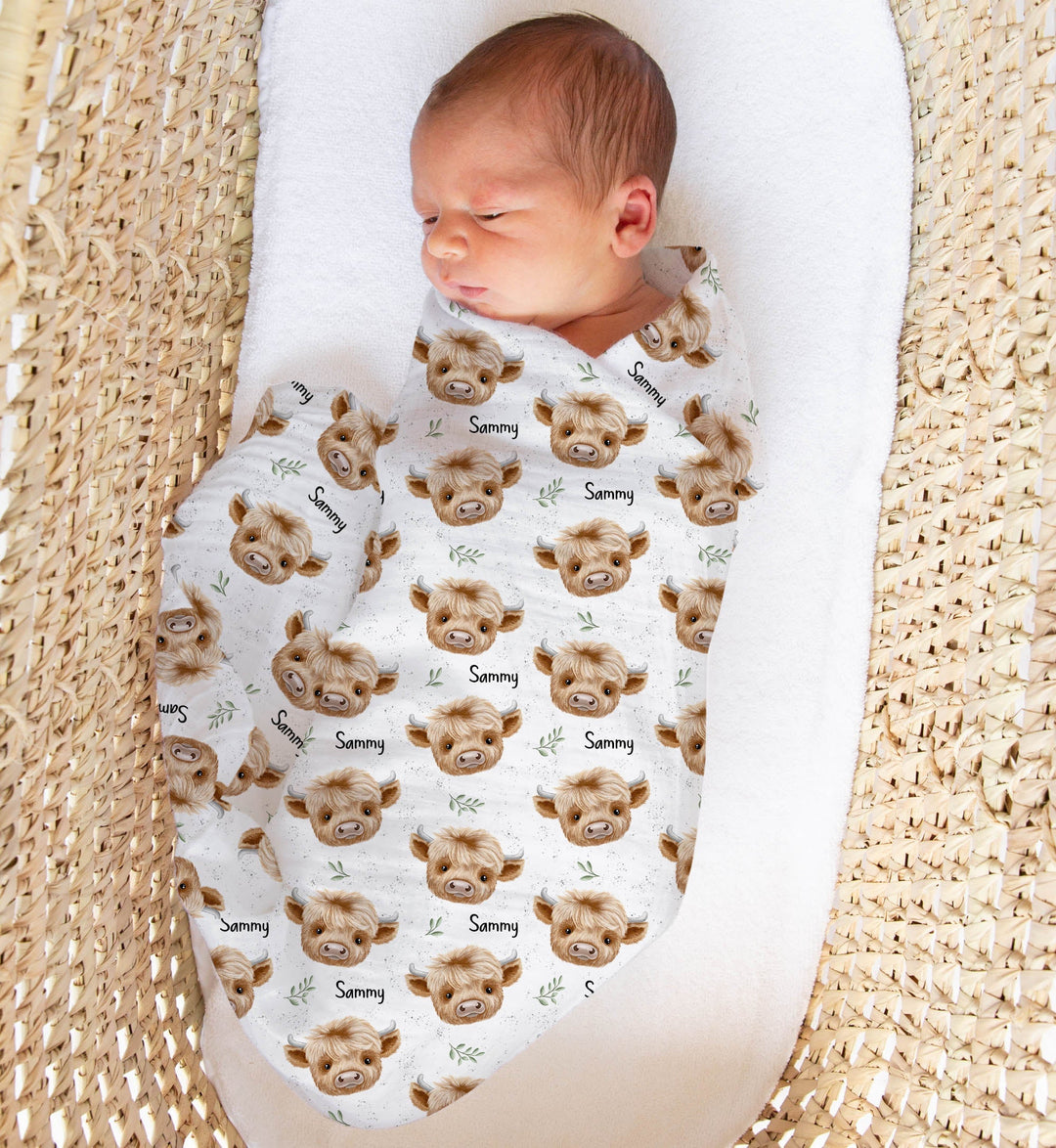 Personalised muslin swaddle wrap with baby’s name, soft breathable fabric, 120x120cm size for newborn comfort and versatility