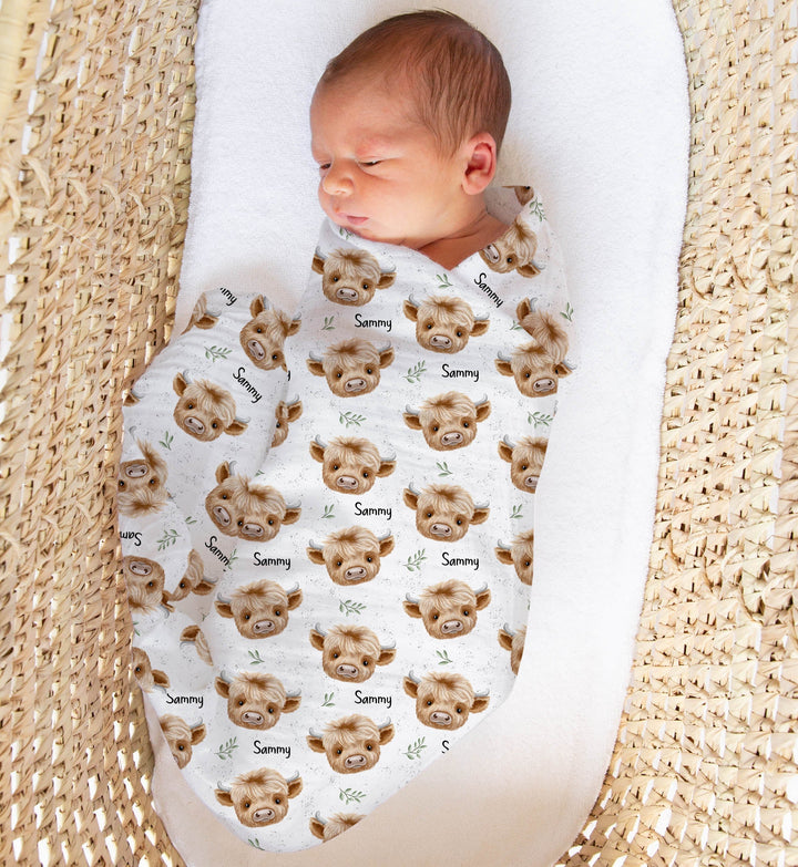 Personalised muslin swaddle wrap with baby’s name, soft breathable fabric, 120x120cm size for newborn comfort and versatility