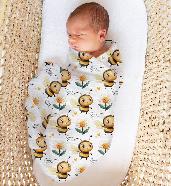 Personalised custom muslin swaddle wrap with baby name, soft breathable fabric, 120x120cm for newborns and babies.