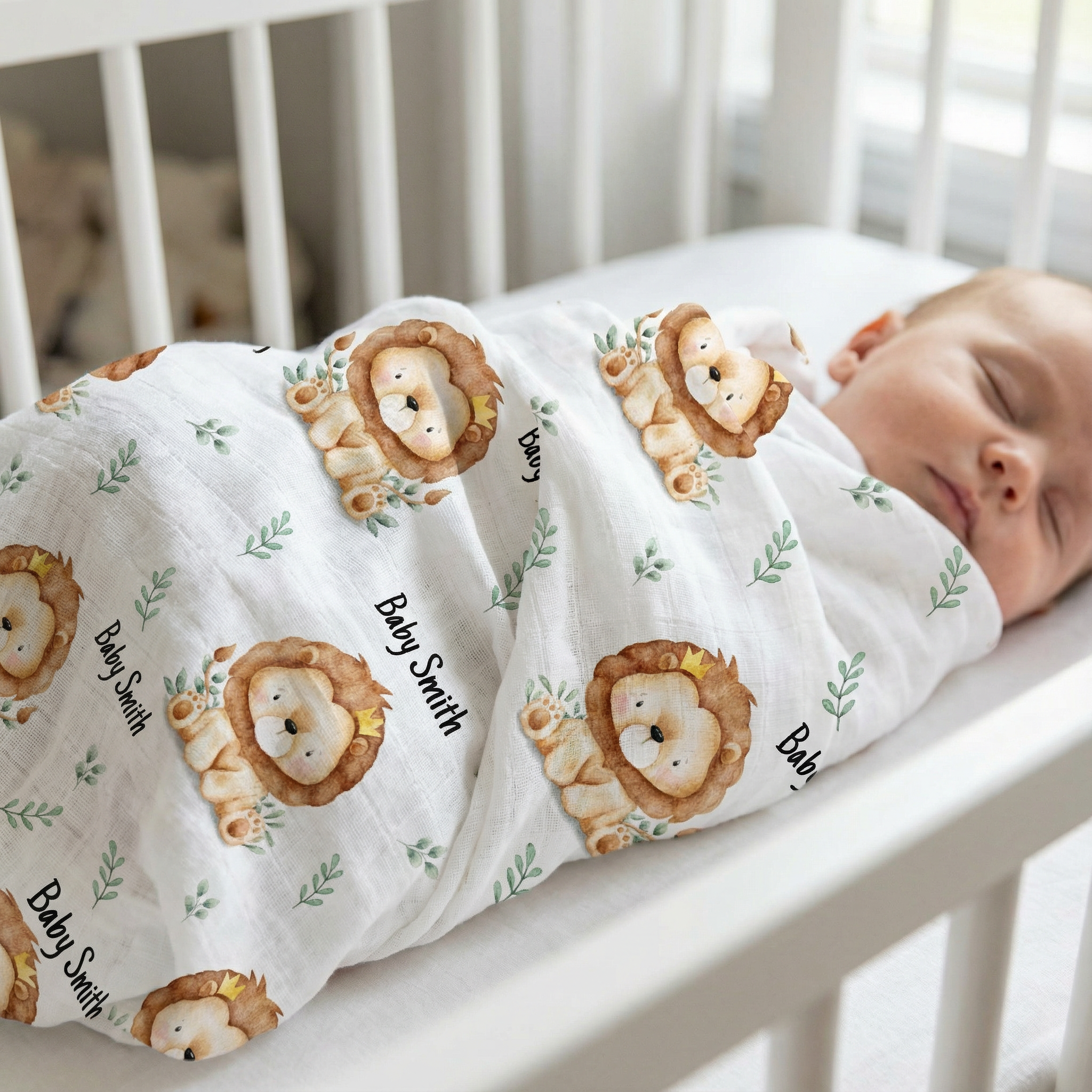 Personalised muslin swaddle wrap with baby name, soft breathable fabric, 120x120cm size for newborns and babies