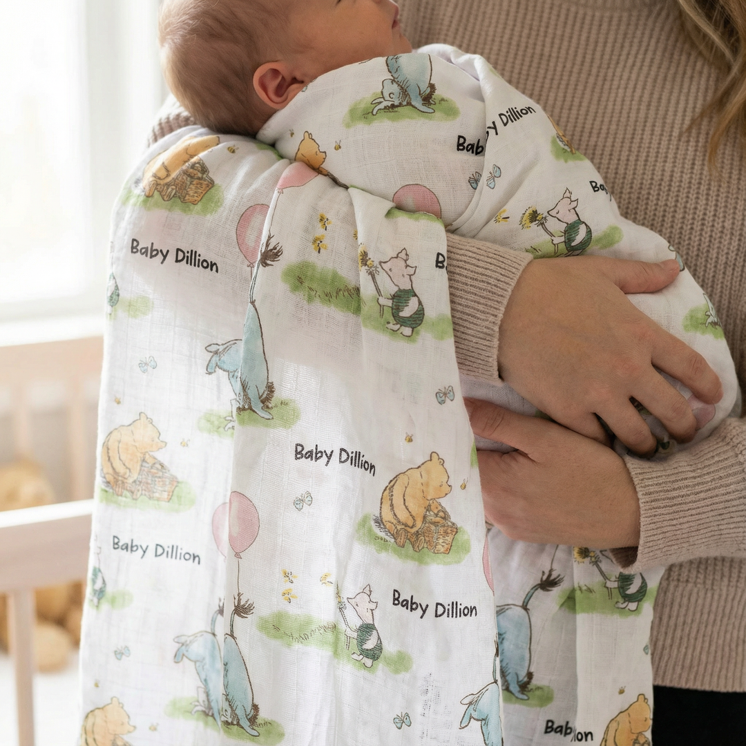 Personalised muslin swaddle wrap with baby name, soft breathable fabric, 120x120cm size for newborn comfort