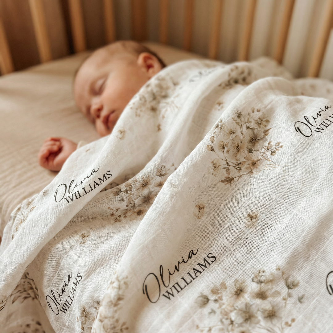 Personalised custom muslin swaddle wrap with baby name, soft breathable fabric, 120x120cm size for newborns and babies