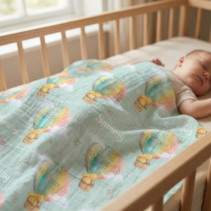 Personalised muslin swaddle wrap with baby name, soft breathable fabric, 120x120cm for newborns and babies