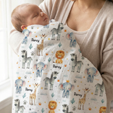 Personalised muslin swaddle wrap with baby name, soft breathable fabric, 120x120cm size for newborns and babies.