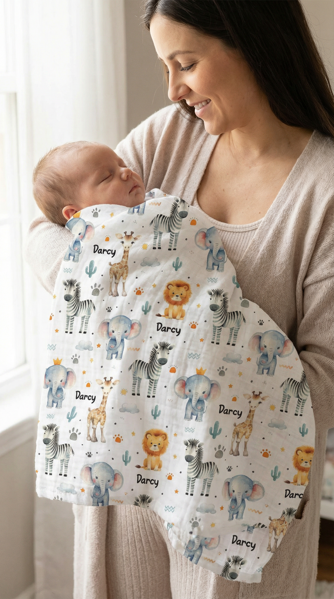 Personalised muslin swaddle wrap with baby name, soft breathable fabric, 120x120cm size for newborns and babies.