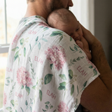 Personalised muslin swaddle wrap for newborns with custom baby name, soft breathable fabric, 120x120cm size.