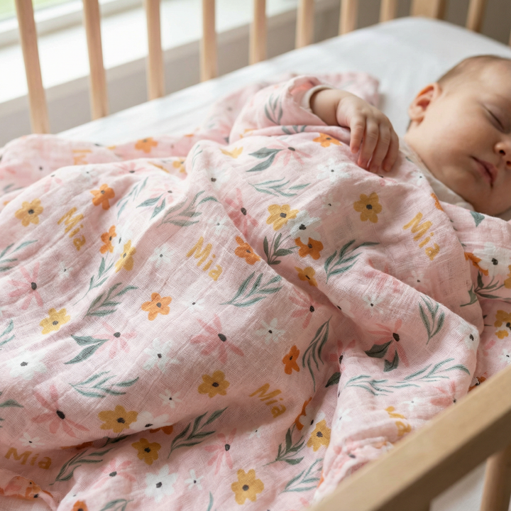 Personalised muslin swaddle wrap with baby name, soft breathable fabric, 120x120cm size for newborn comfort and versatility