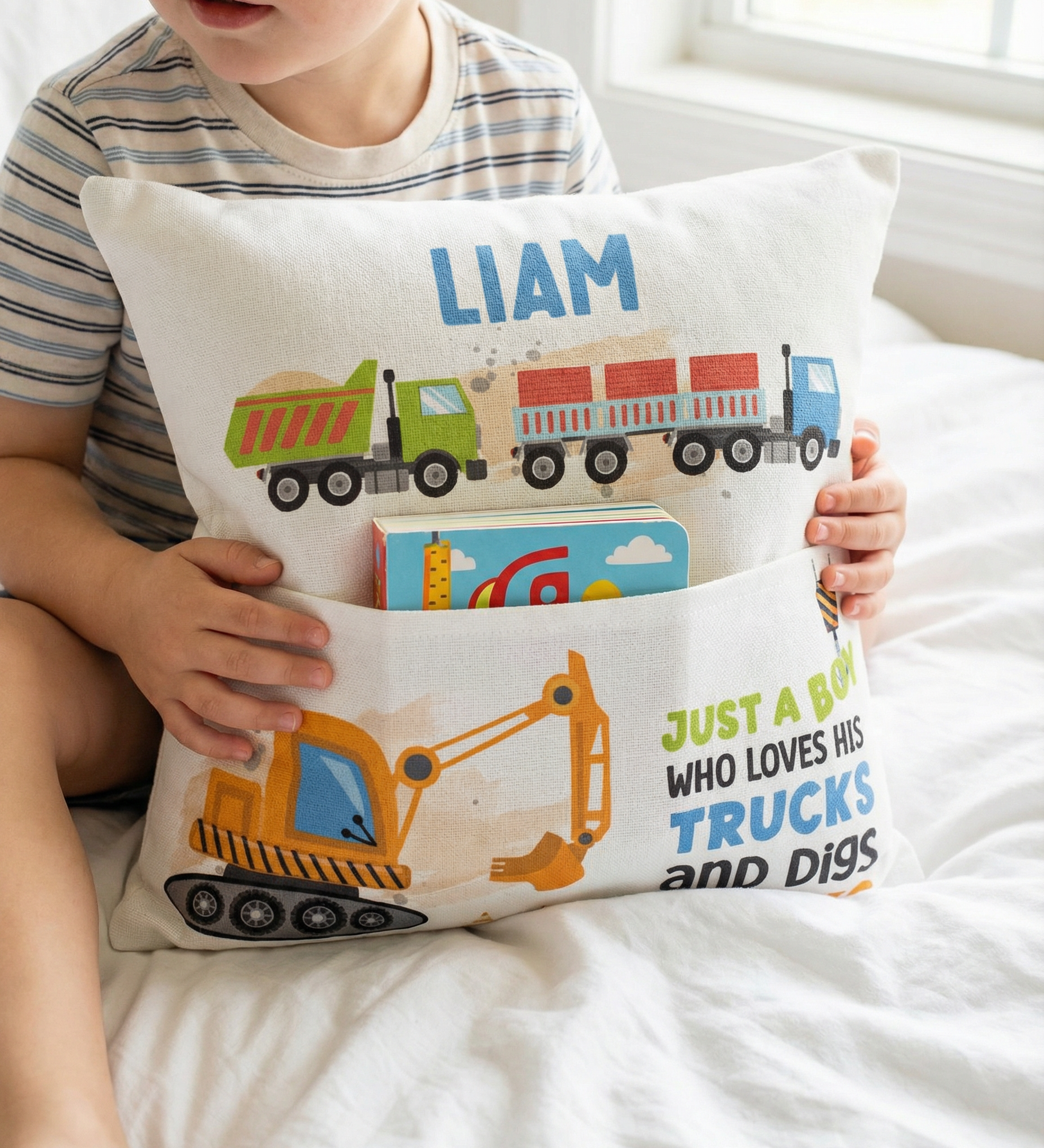 Personalised truck pocket book cushion with truck and excavator design and name pocket for kids