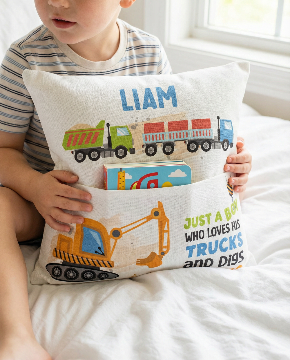 Personalised truck pocket book cushion with truck and excavator design and name pocket for kids