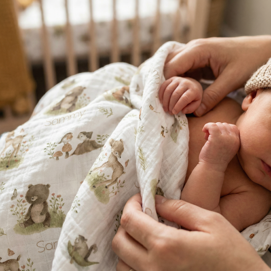 Personalised Muslin Swaddle wrap with baby name, soft breathable fabric, 120x120cm size for newborns and babies