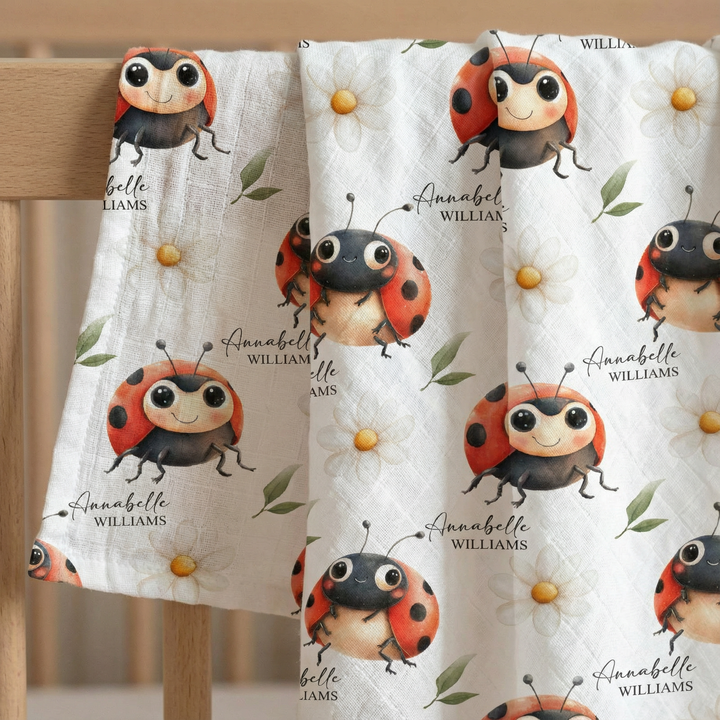 Personalised custom muslin swaddle wrap with baby name, soft breathable fabric, 120 x 120cm for newborns and babies