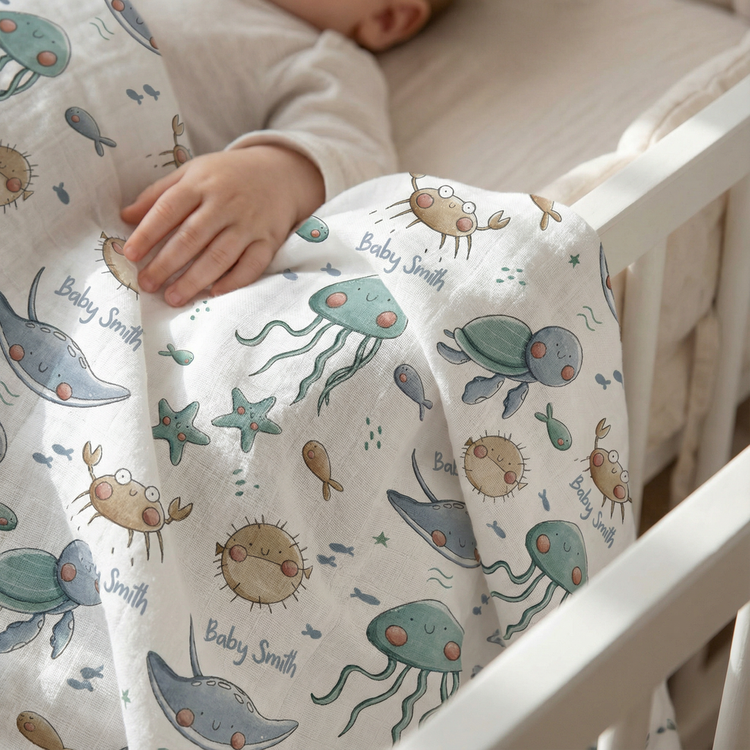 Personalised muslin swaddle wrap with baby name, soft breathable fabric, 120x120cm size, gentle for newborns and babies
