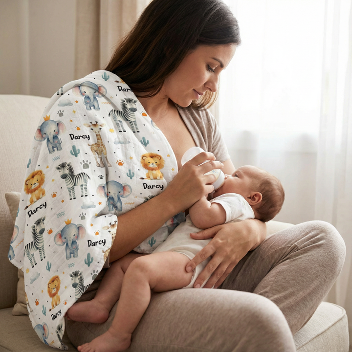 Personalised muslin swaddle wrap with custom baby name, soft breathable fabric, 120x120cm size, ideal for newborns.